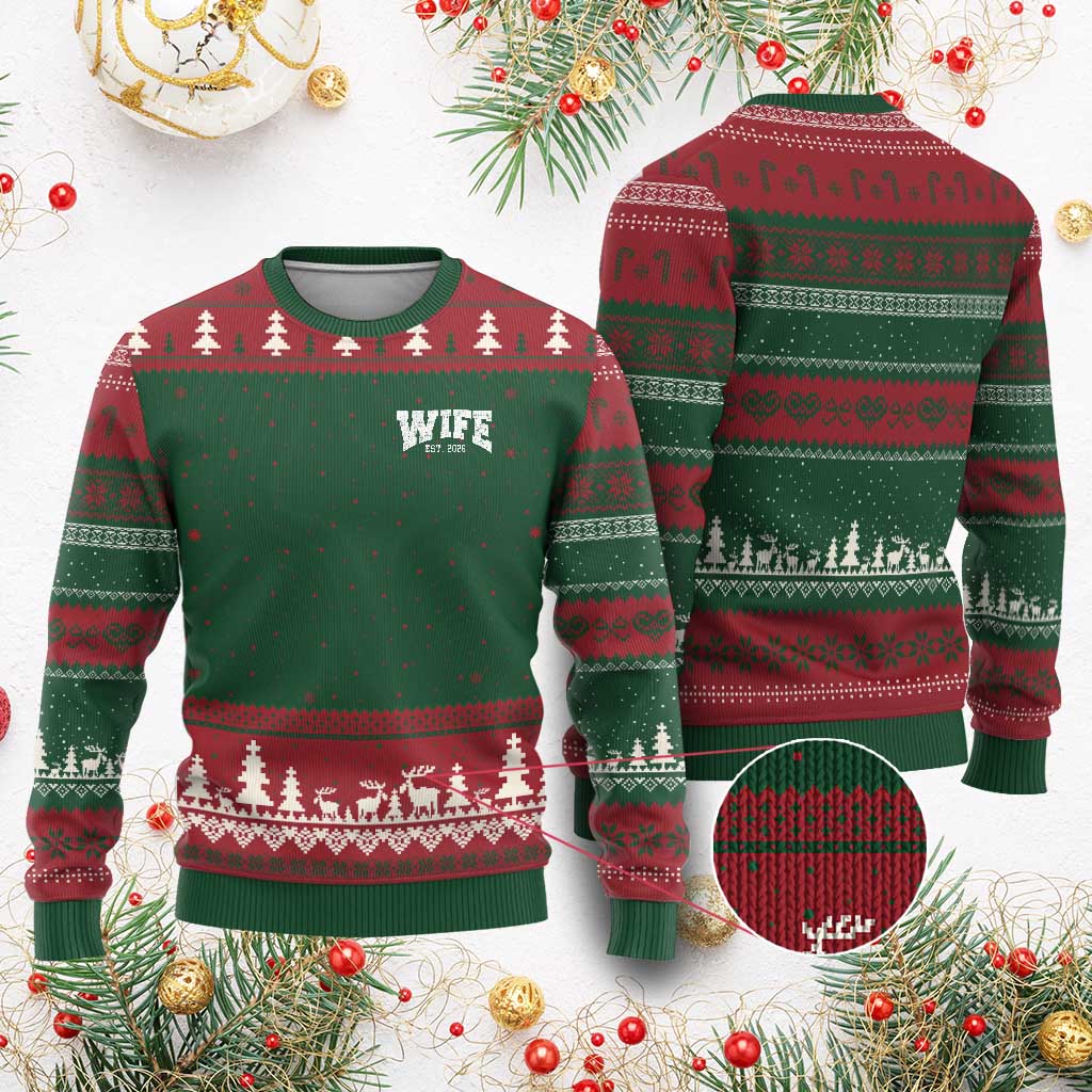 Wife Est 2026 Ugly Christmas Sweater Just Married Couple Matching Wedding Honeymoon