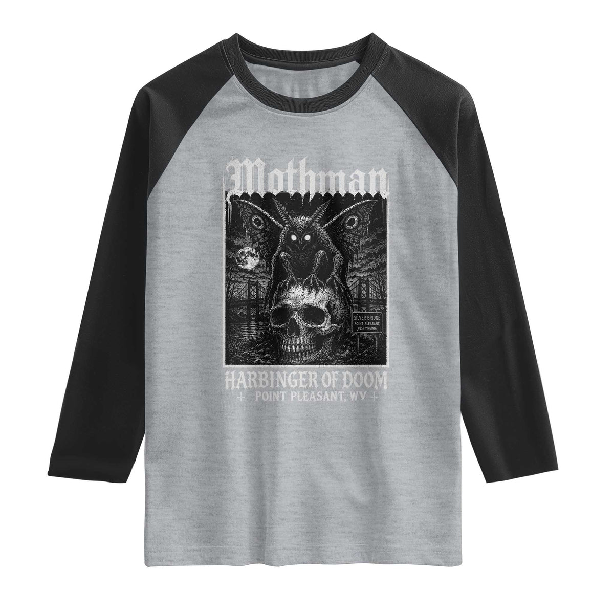 Mothman Harbinger of Doom Point Pleasant WV Raglan Shirt Gothic Horror Cryptid Creature
