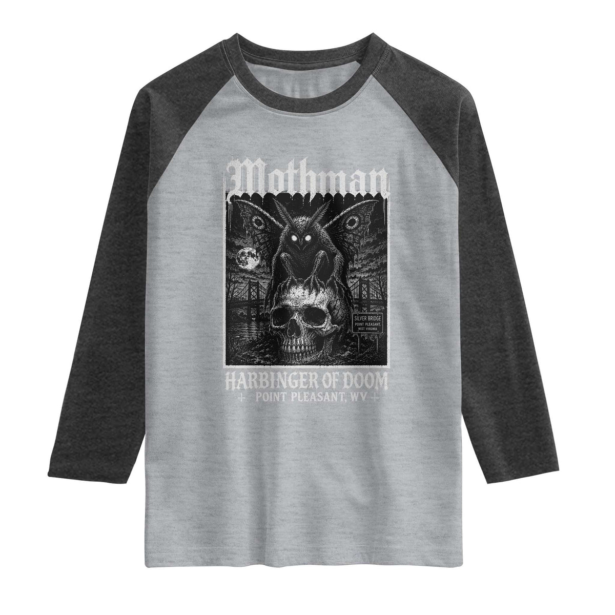 Mothman Harbinger of Doom Point Pleasant WV Raglan Shirt Gothic Horror Cryptid Creature