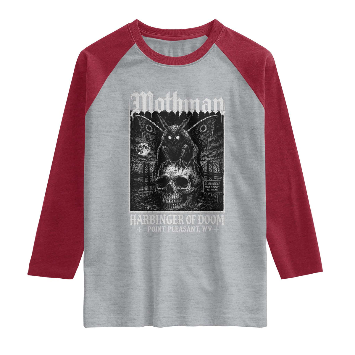 Mothman Harbinger of Doom Point Pleasant WV Raglan Shirt Gothic Horror Cryptid Creature