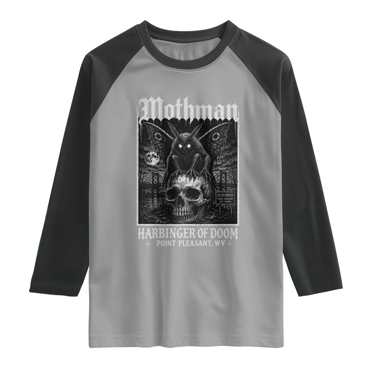 Mothman Harbinger of Doom Point Pleasant WV Raglan Shirt Gothic Horror Cryptid Creature