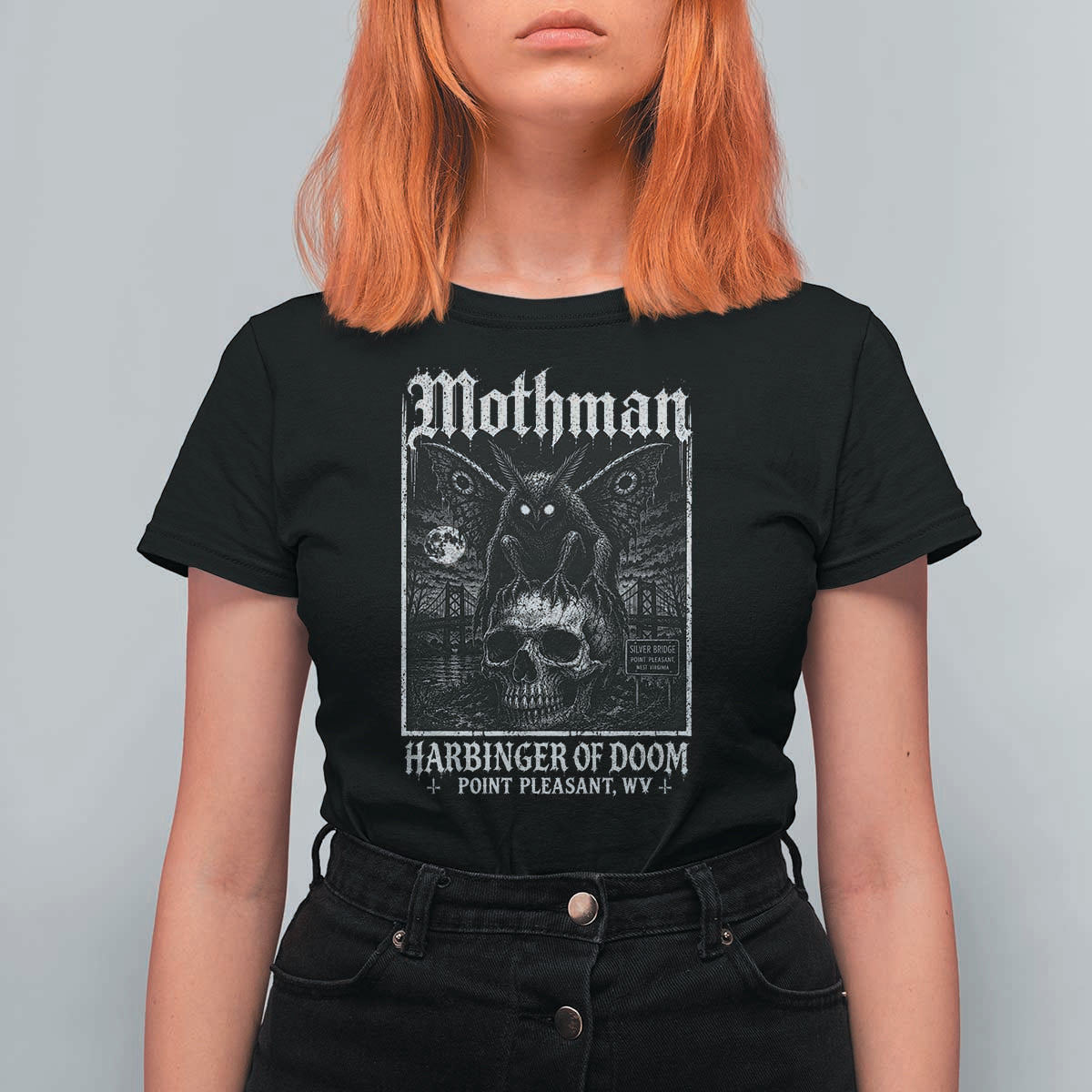 Mothman Harbinger of Doom Point Pleasant WV T Shirt For Women Gothic Horror Cryptid Creature