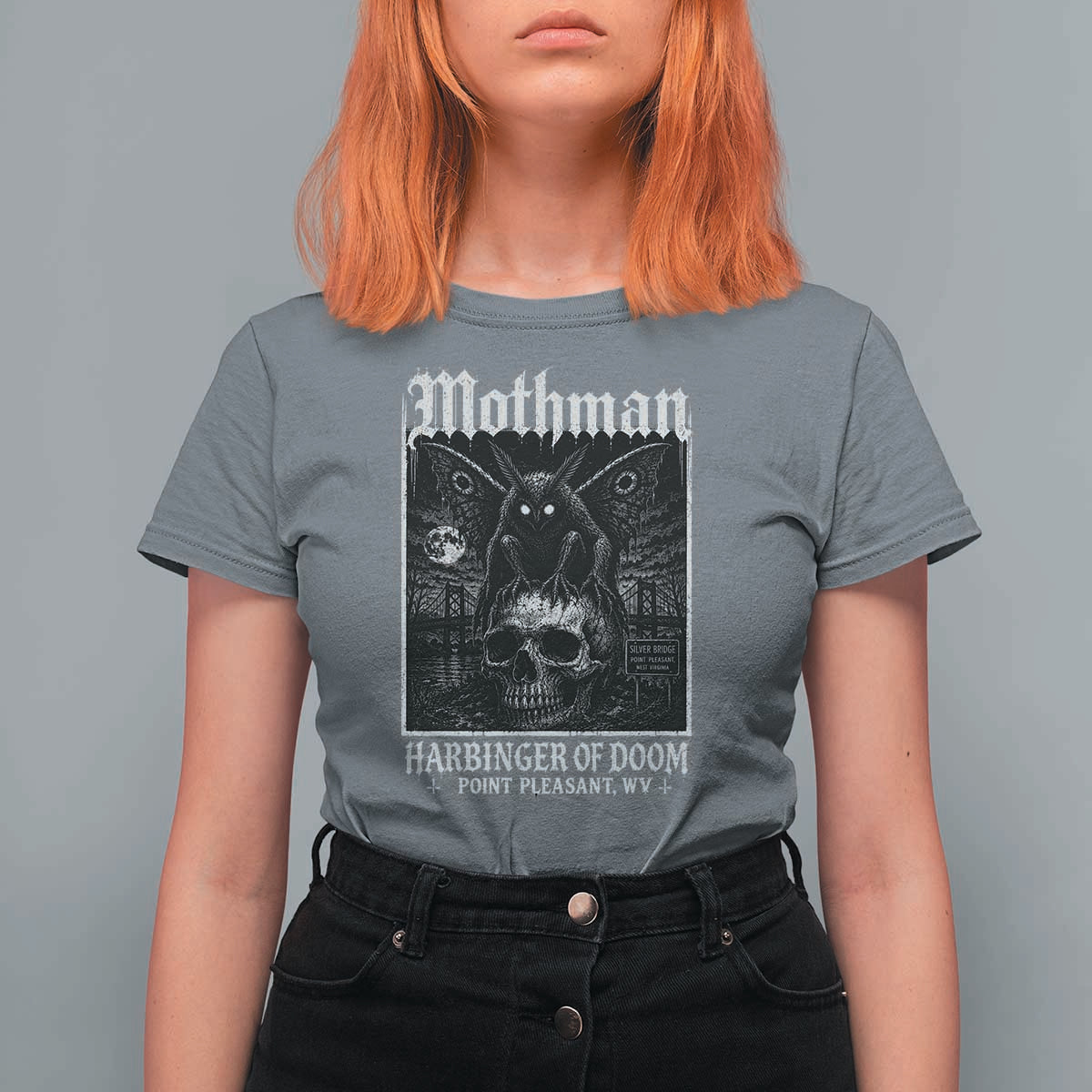 Mothman Harbinger of Doom Point Pleasant WV T Shirt For Women Gothic Horror Cryptid Creature