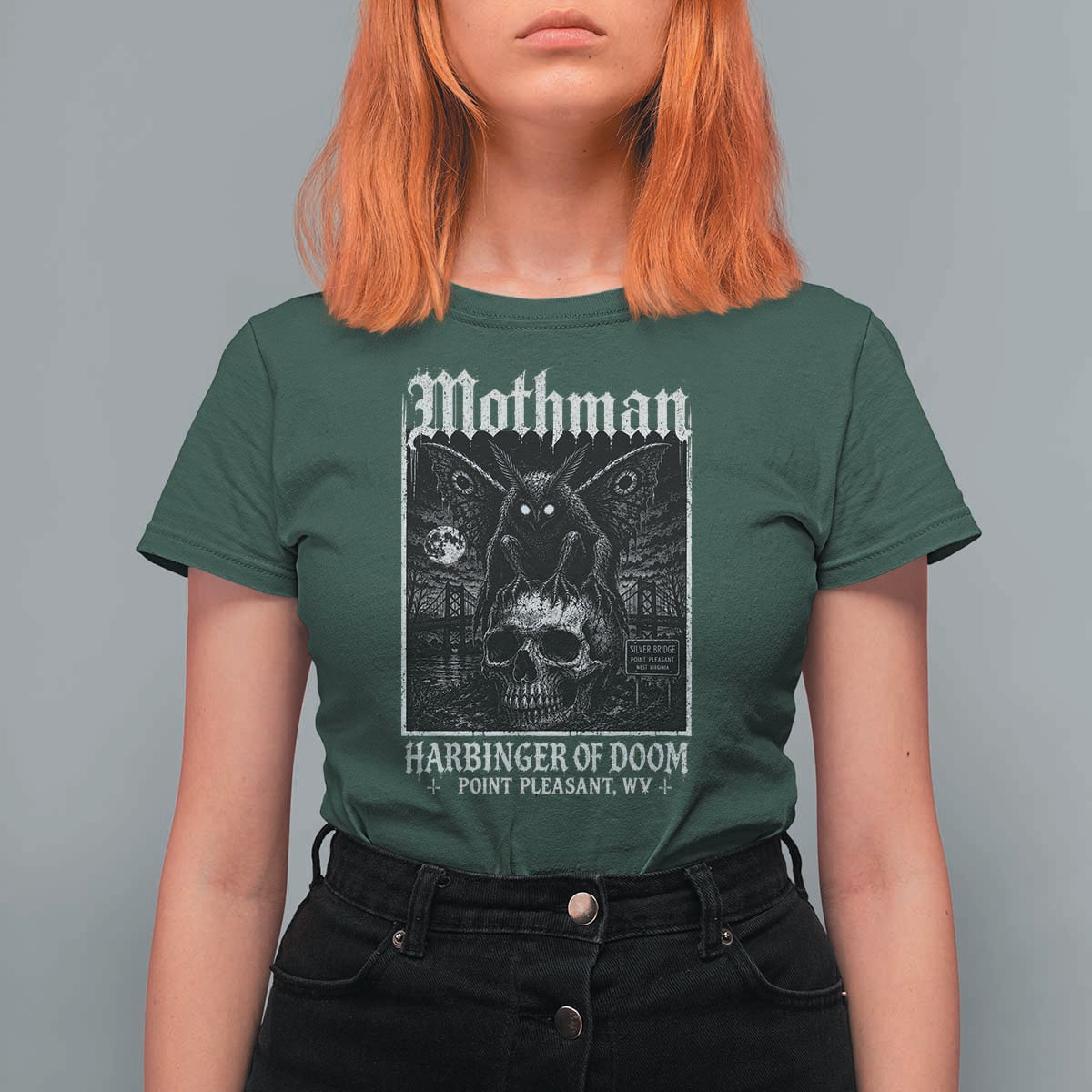 Mothman Harbinger of Doom Point Pleasant WV T Shirt For Women Gothic Horror Cryptid Creature