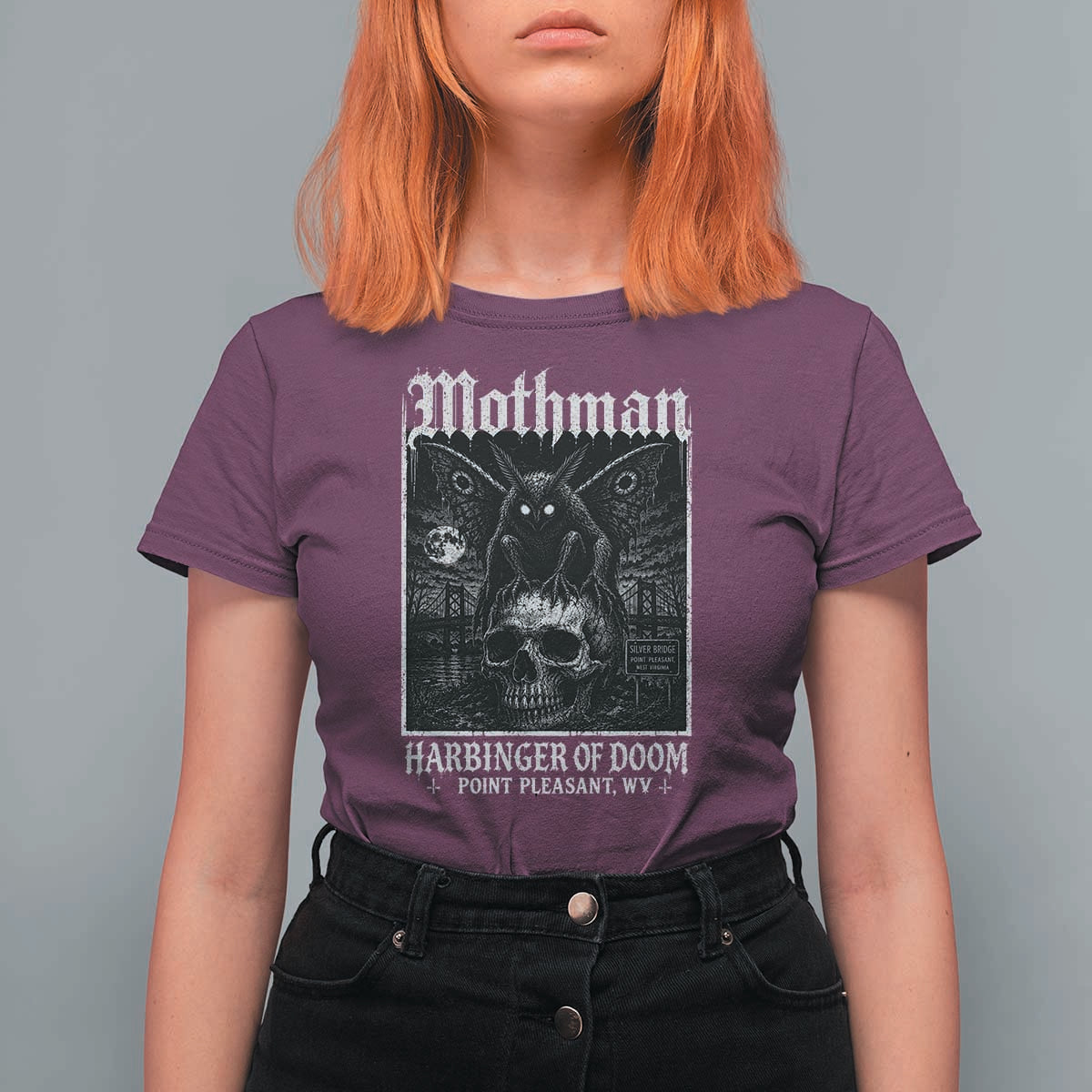 Mothman Harbinger of Doom Point Pleasant WV T Shirt For Women Gothic Horror Cryptid Creature