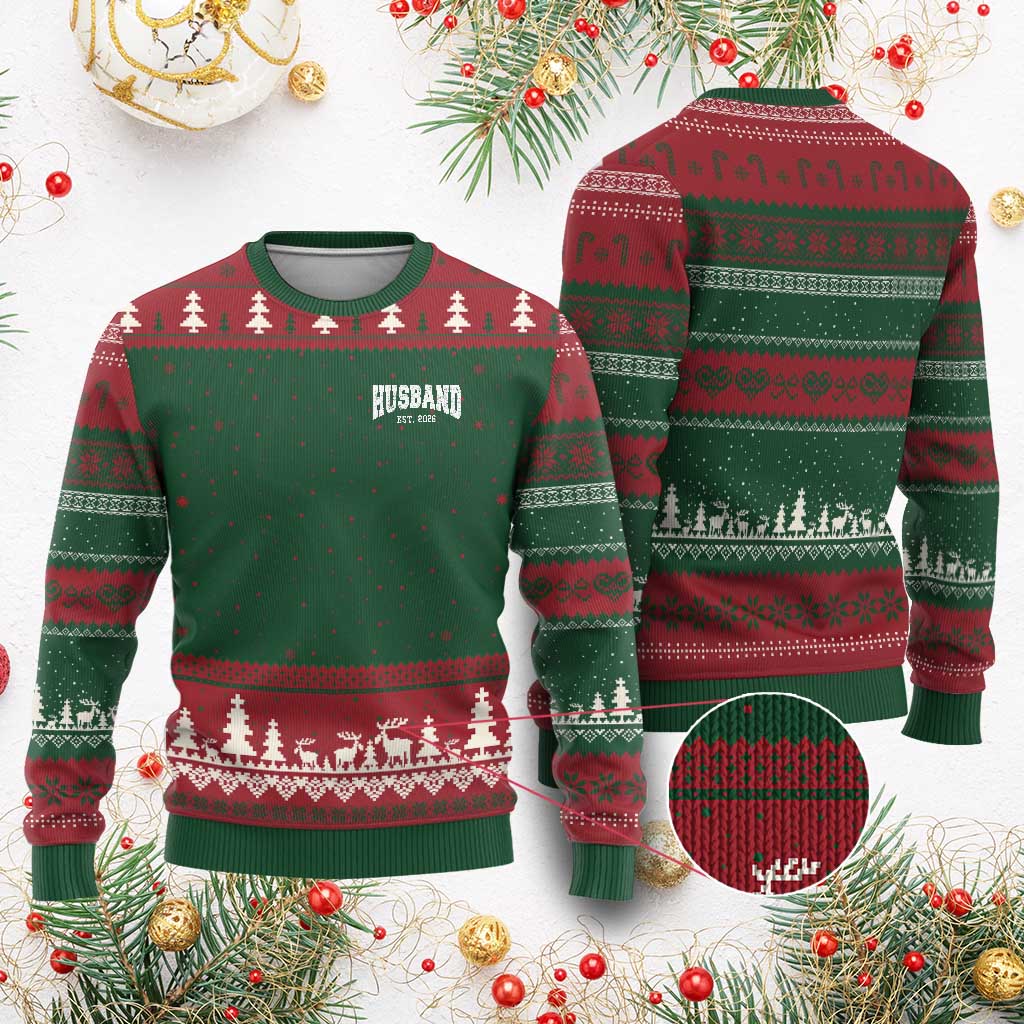 Husband Est 2026 Ugly Christmas Sweater Just Married Couple Matching Wedding Honeymoon