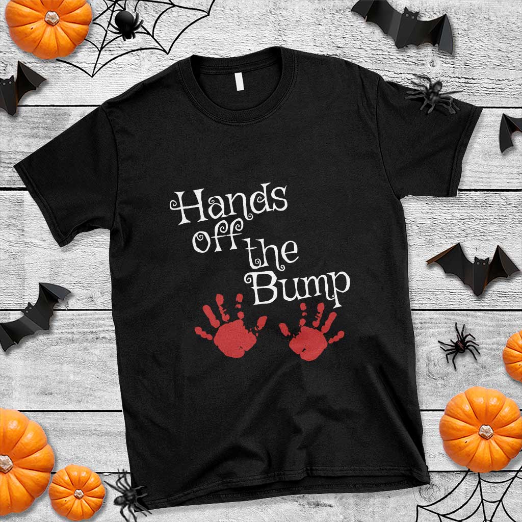 Pregnancy Announcement T Shirt Hands Off The Bump Halloween Pregnant Red Baby Handprint - Wonder Print Shop