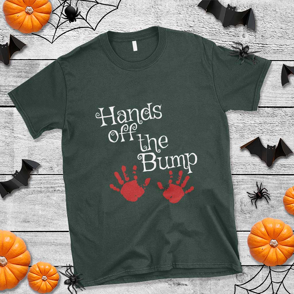 Pregnancy Announcement T Shirt Hands Off The Bump Halloween Pregnant Red Baby Handprint - Wonder Print Shop
