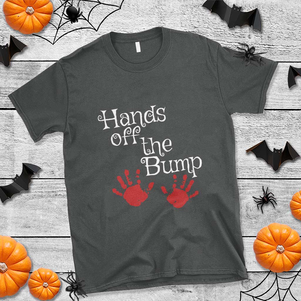 Pregnancy Announcement T Shirt Hands Off The Bump Halloween Pregnant Red Baby Handprint - Wonder Print Shop
