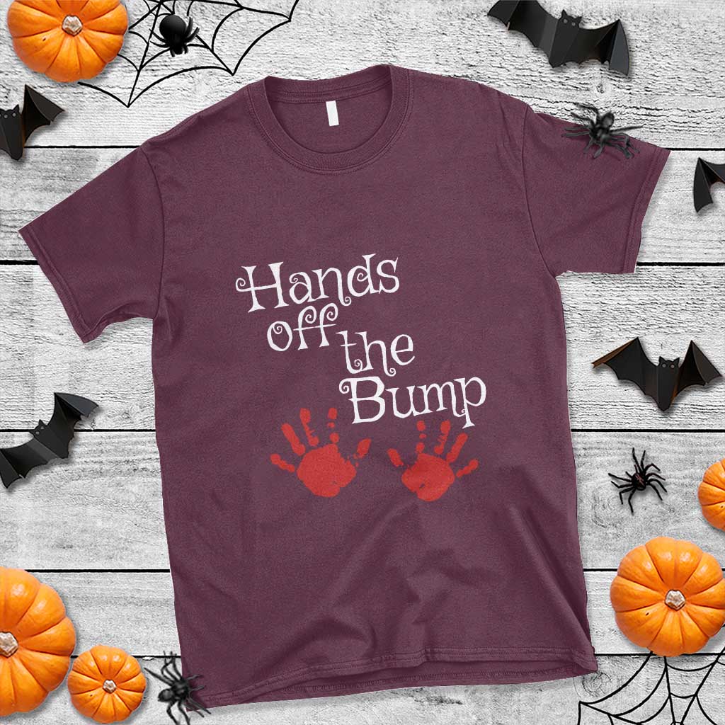 Pregnancy Announcement T Shirt Hands Off The Bump Halloween Pregnant Red Baby Handprint - Wonder Print Shop