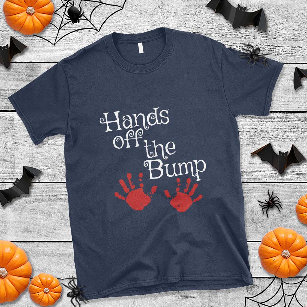 Pregnancy Announcement T Shirt Hands Off The Bump Halloween Pregnant Red Baby Handprint - Wonder Print Shop