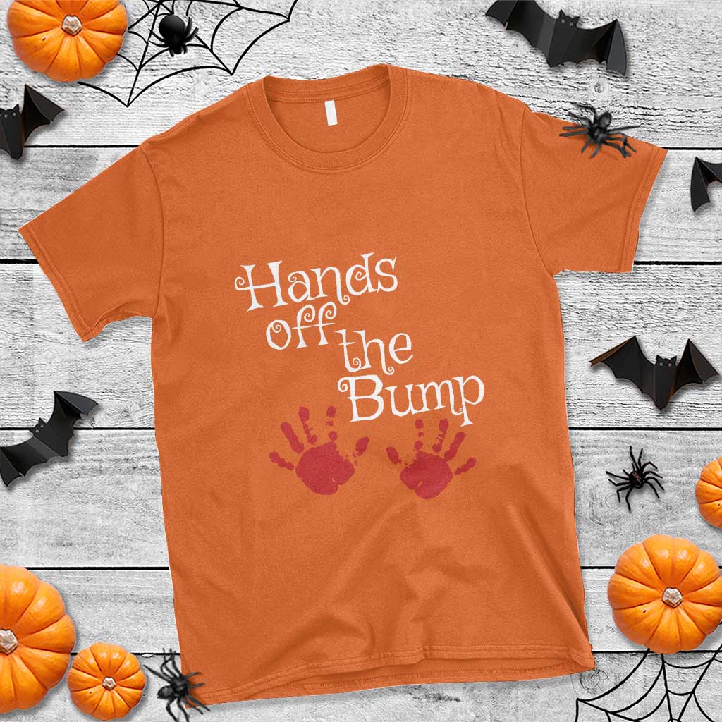 Pregnancy Announcement T Shirt Hands Off The Bump Halloween Pregnant Red Baby Handprint - Wonder Print Shop