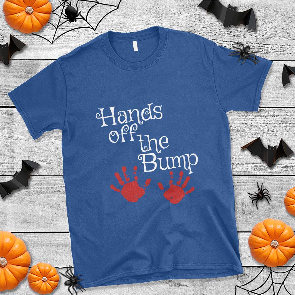 Pregnancy Announcement T Shirt Hands Off The Bump Halloween Pregnant Red Baby Handprint - Wonder Print Shop
