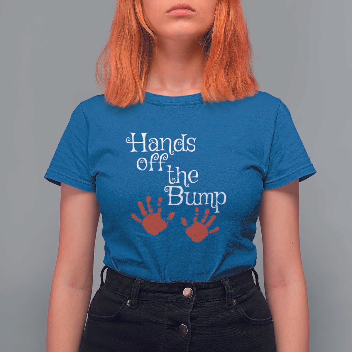 Pregnancy Announcement T Shirt For Women Hands Off The Bump Halloween Pregnant Red Baby Handprint - Wonder Print Shop