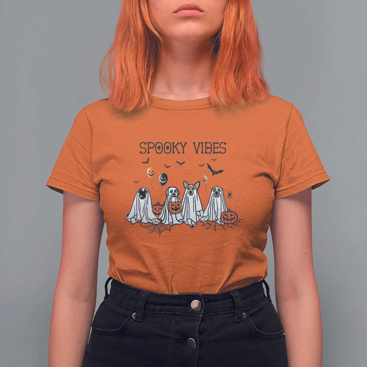 Halloween T Shirt For Women Spooky Vibes Cute Dog Ghost Pumpkin - Wonder Print Shop