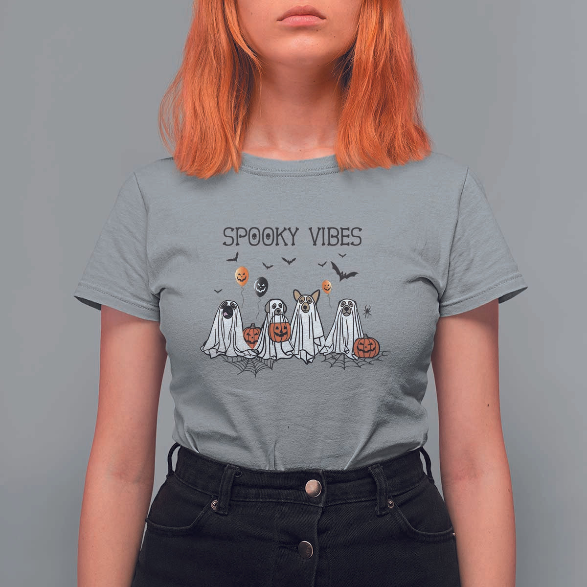 Halloween T Shirt For Women Spooky Vibes Cute Dog Ghost Pumpkin - Wonder Print Shop