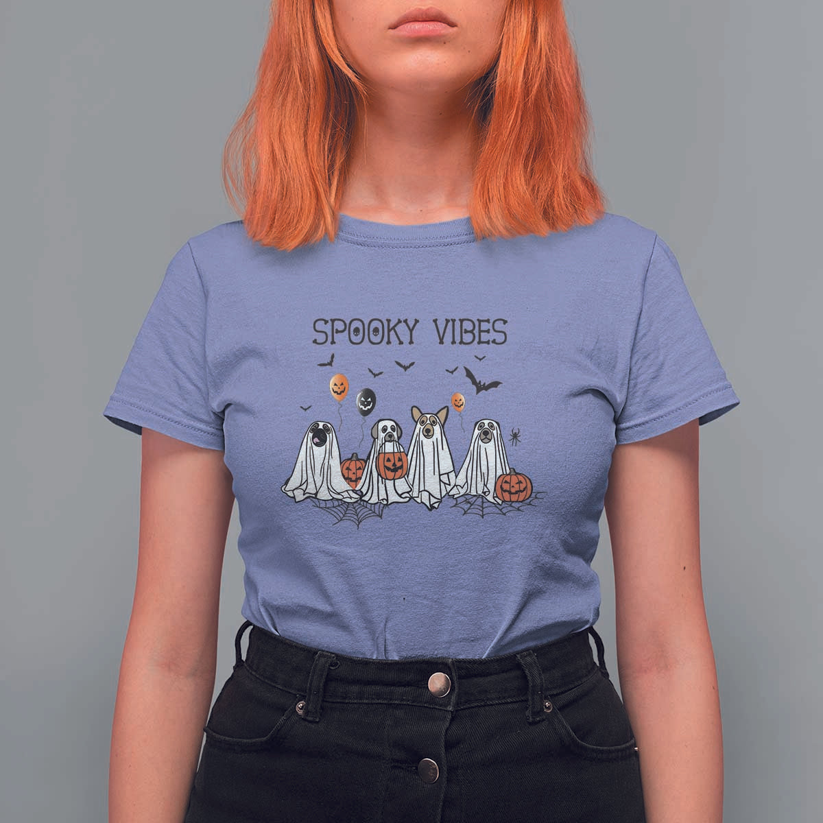 Halloween T Shirt For Women Spooky Vibes Cute Dog Ghost Pumpkin - Wonder Print Shop