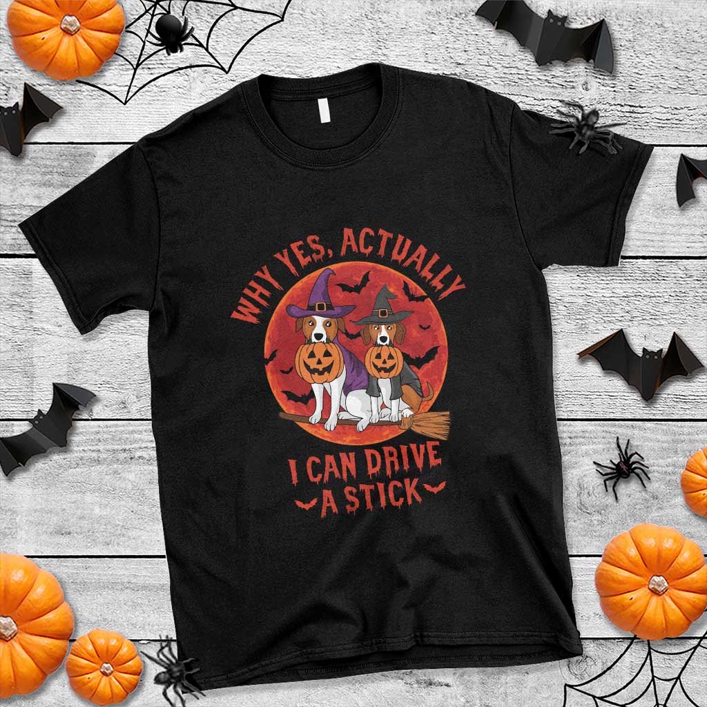 Funny Halloween Dog T Shirt Why Yes Actually I Can Drive A Stick Witch - Wonder Print Shop