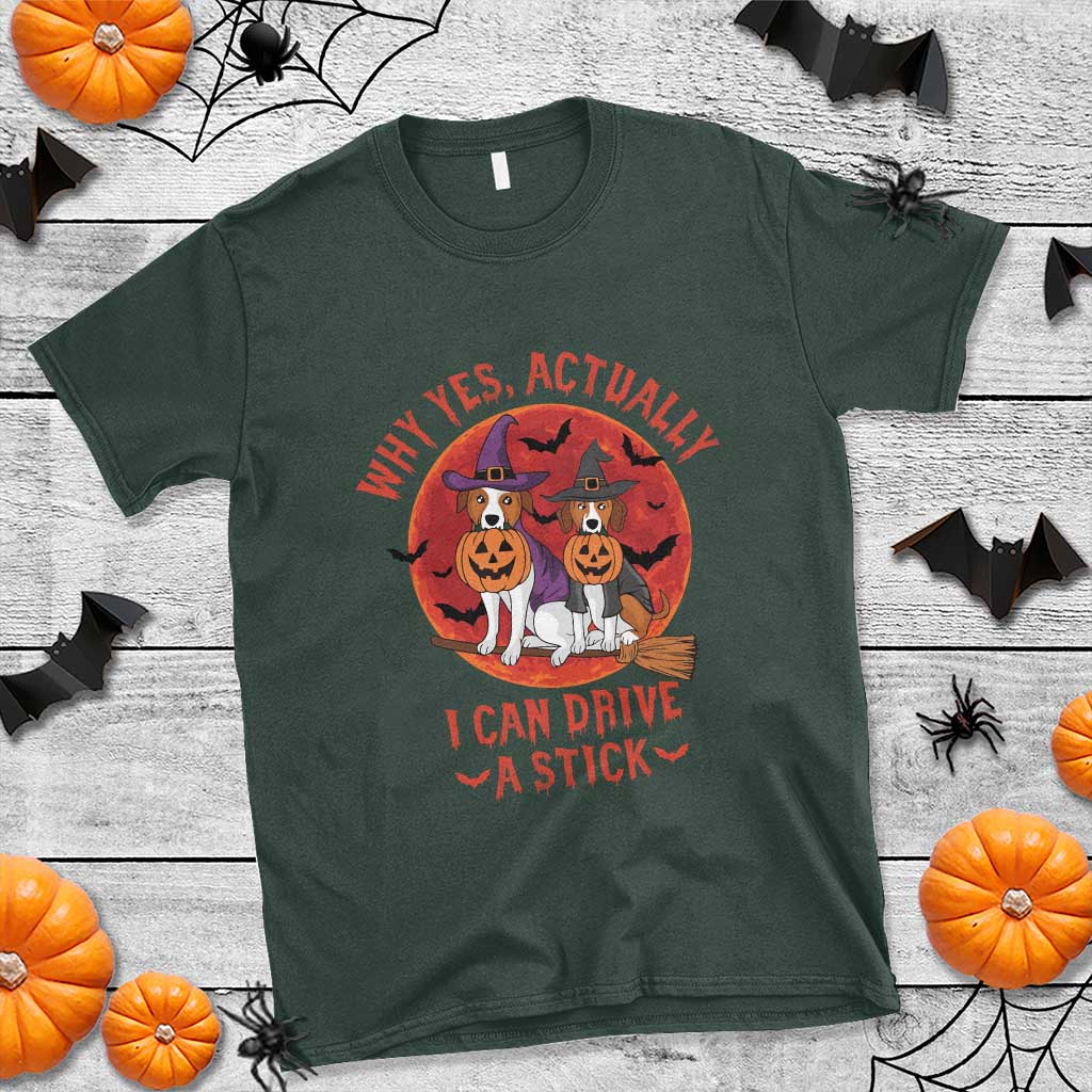 Funny Halloween Dog T Shirt Why Yes Actually I Can Drive A Stick Witch - Wonder Print Shop