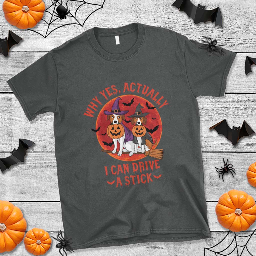Funny Halloween Dog T Shirt Why Yes Actually I Can Drive A Stick Witch - Wonder Print Shop
