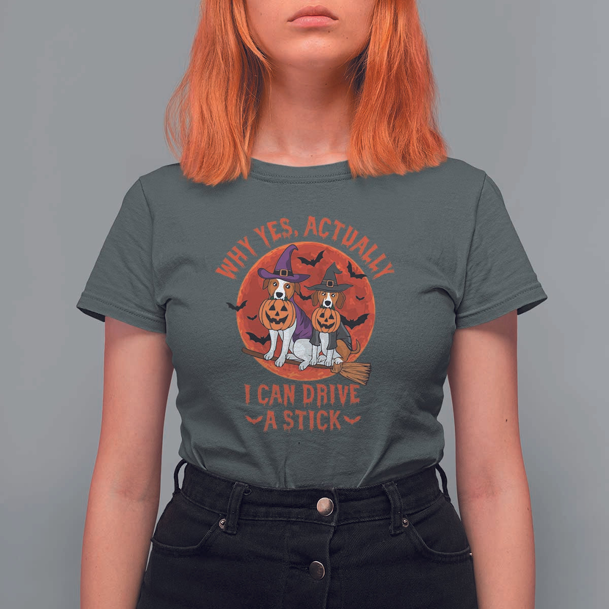 Funny Halloween Dog T Shirt For Women Why Yes Actually I Can Drive A Stick Witch - Wonder Print Shop