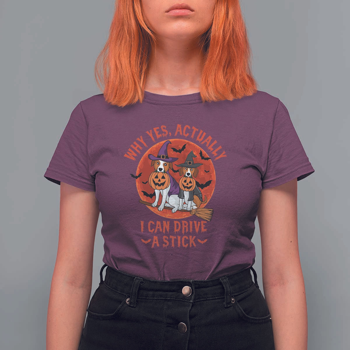 Funny Halloween Dog T Shirt For Women Why Yes Actually I Can Drive A Stick Witch - Wonder Print Shop