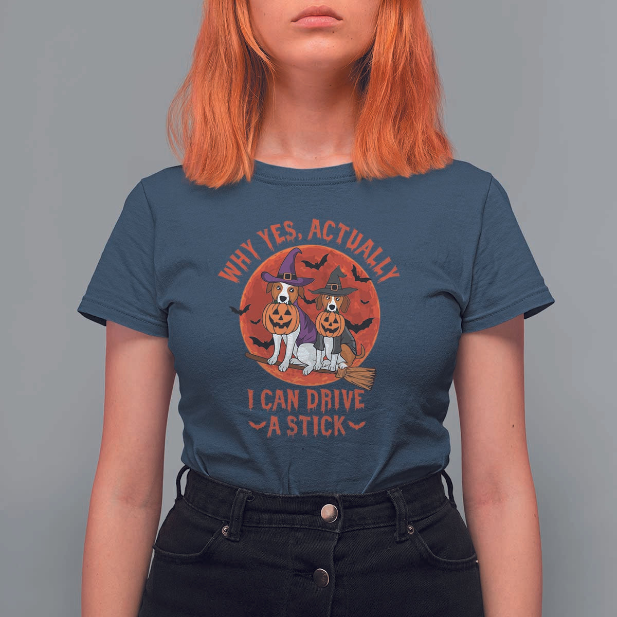 Funny Halloween Dog T Shirt For Women Why Yes Actually I Can Drive A Stick Witch - Wonder Print Shop