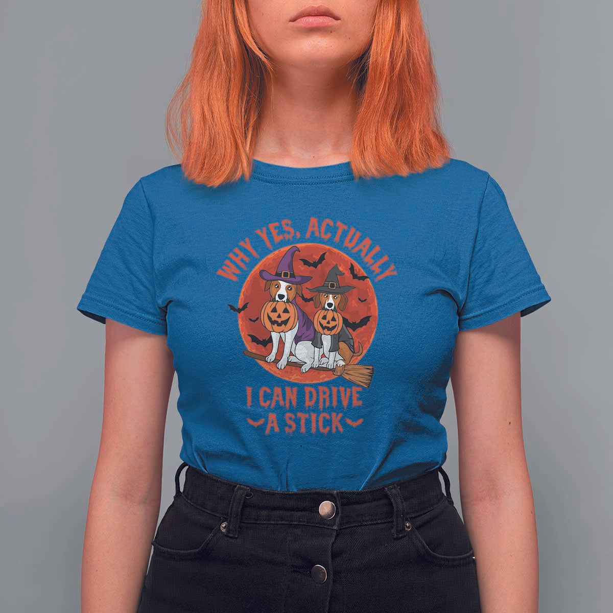 Funny Halloween Dog T Shirt For Women Why Yes Actually I Can Drive A Stick Witch - Wonder Print Shop