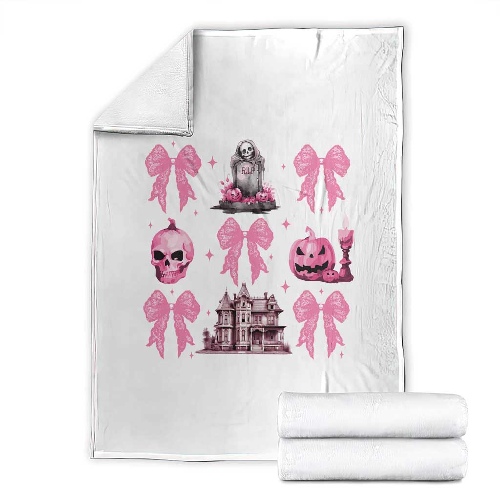 Halloween Throw Blanket Pink Bow Skull Haunted House Coquette Aesthetic - Wonder Print Shop