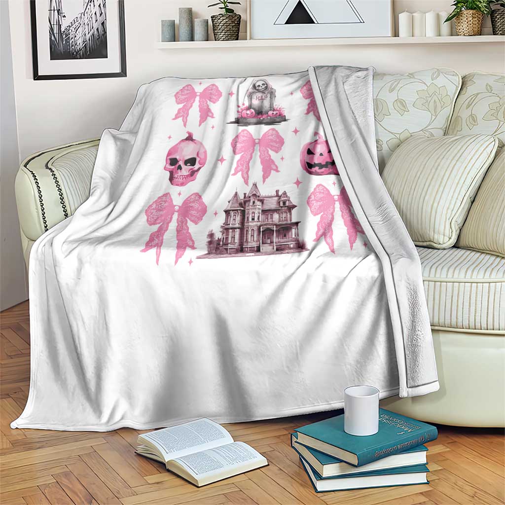 Halloween Throw Blanket Pink Bow Skull Haunted House Coquette Aesthetic - Wonder Print Shop