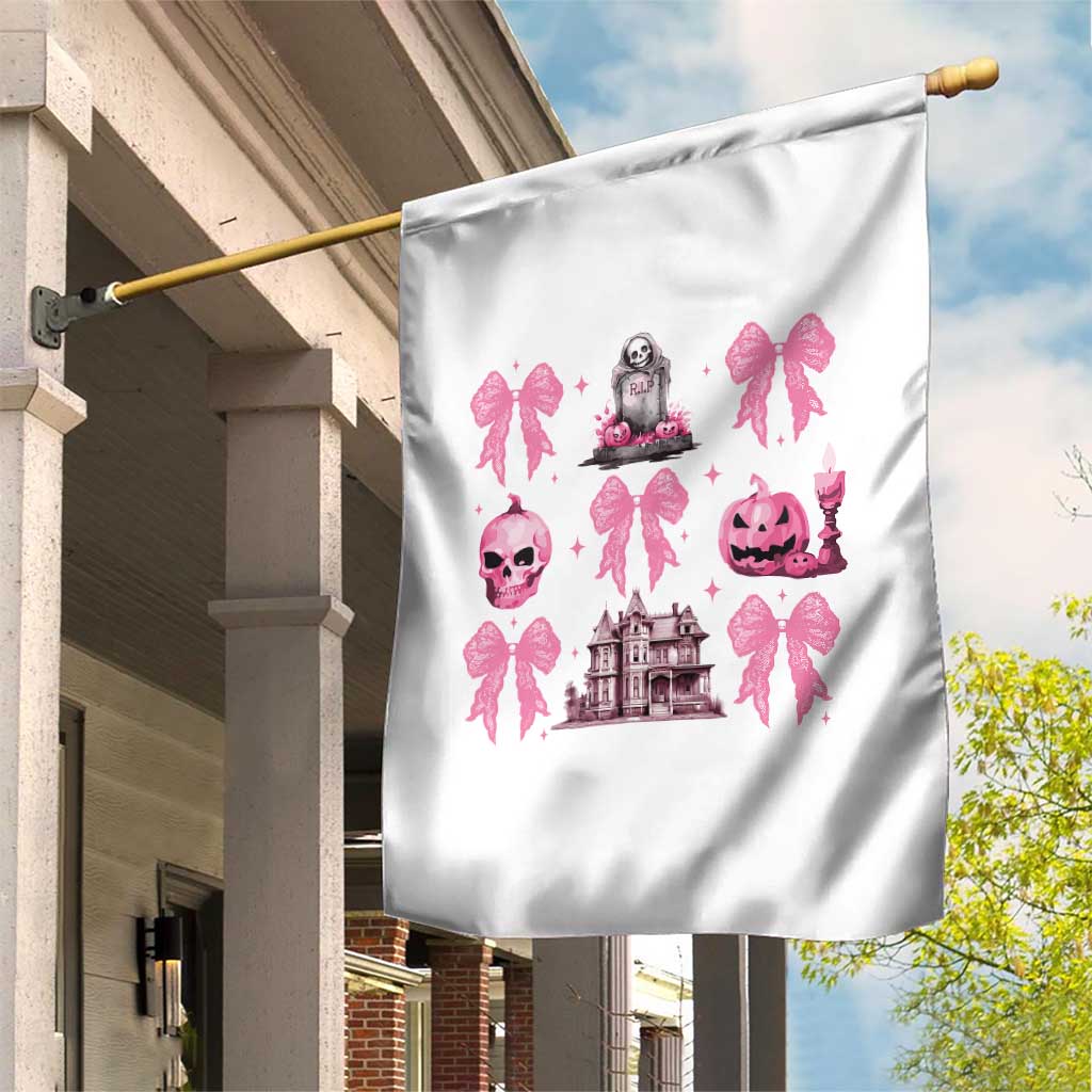 Halloween Garden Flag Pink Bow Skull Haunted House Coquette Aesthetic - Wonder Print Shop