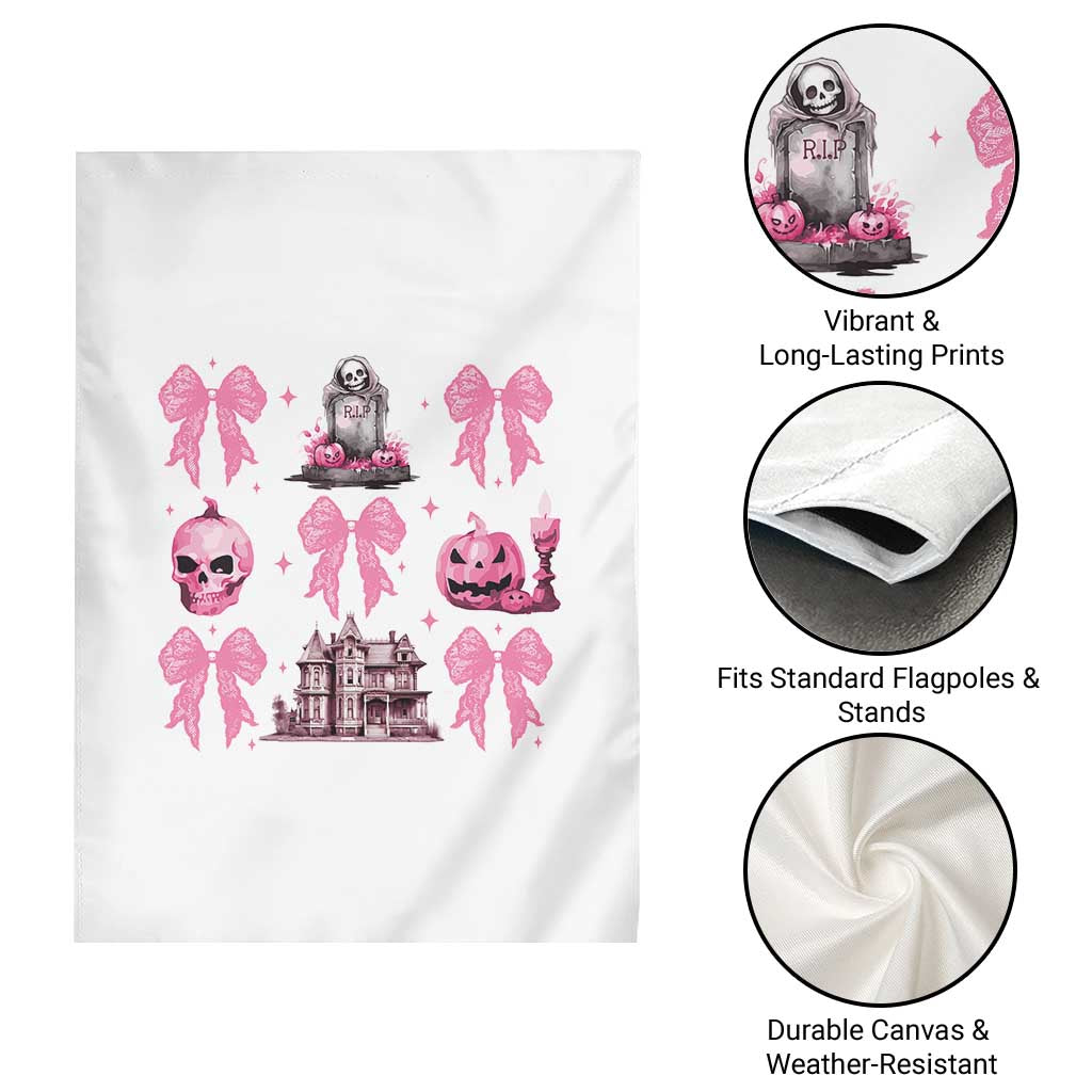 Halloween Garden Flag Pink Bow Skull Haunted House Coquette Aesthetic - Wonder Print Shop