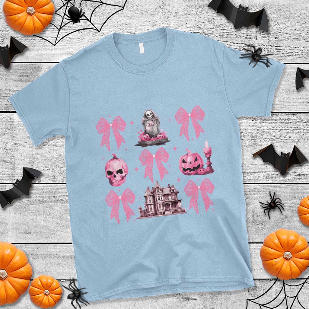 Halloween T Shirt Pink Bow Skull Haunted House Coquette Aesthetic - Wonder Print Shop