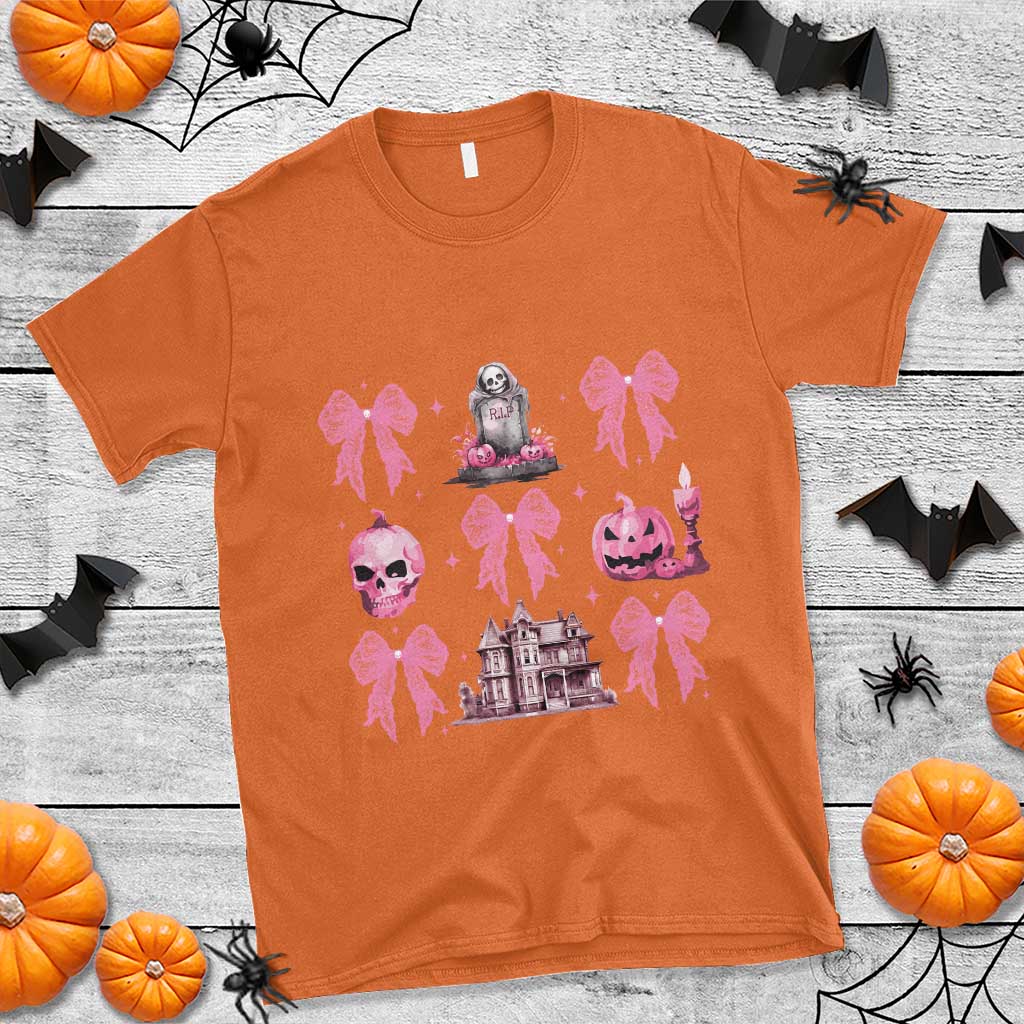Halloween T Shirt Pink Bow Skull Haunted House Coquette Aesthetic - Wonder Print Shop