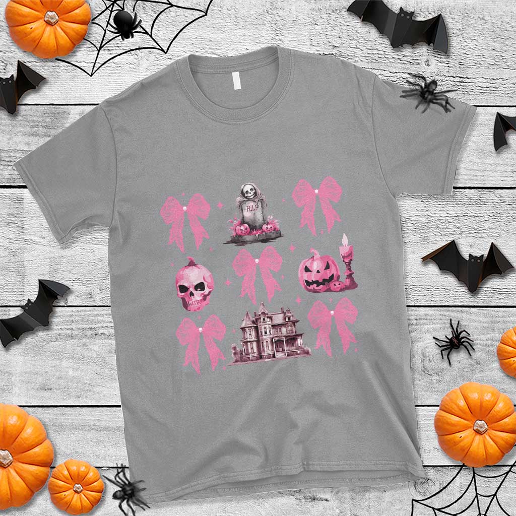 Halloween T Shirt Pink Bow Skull Haunted House Coquette Aesthetic - Wonder Print Shop