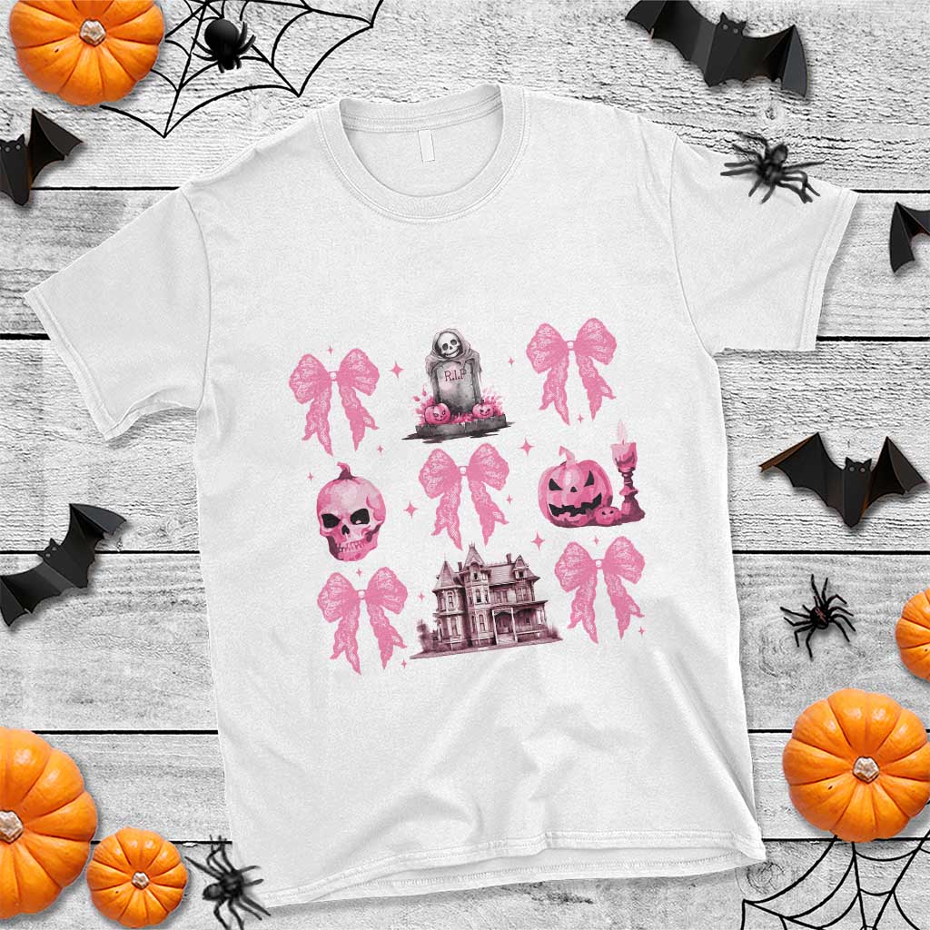 Halloween T Shirt Pink Bow Skull Haunted House Coquette Aesthetic - Wonder Print Shop