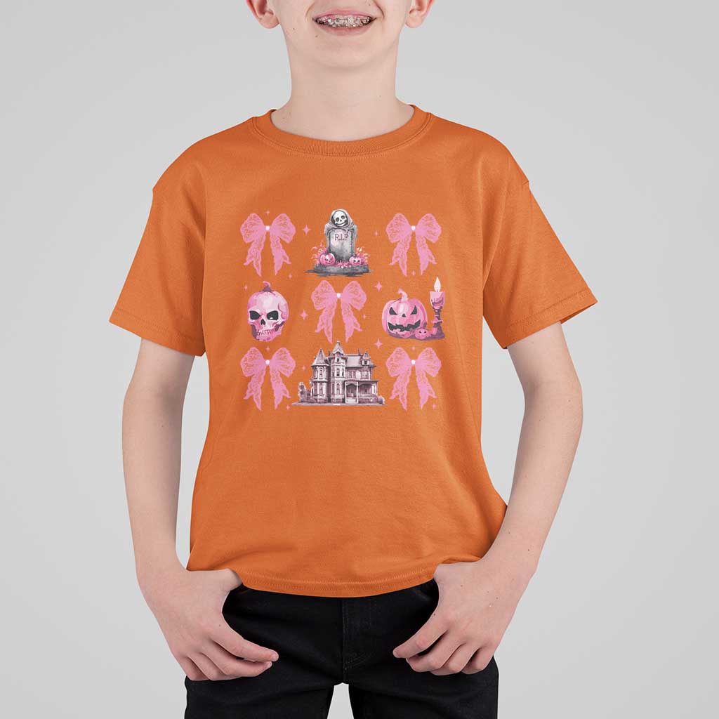 Halloween T Shirt For Kid Pink Bow Skull Haunted House Coquette Aesthetic - Wonder Print Shop