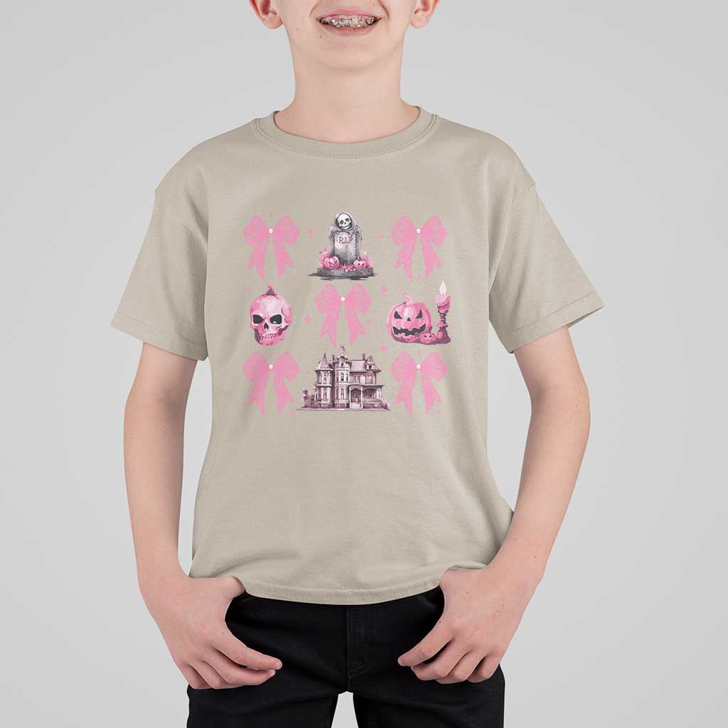 Halloween T Shirt For Kid Pink Bow Skull Haunted House Coquette Aesthetic - Wonder Print Shop