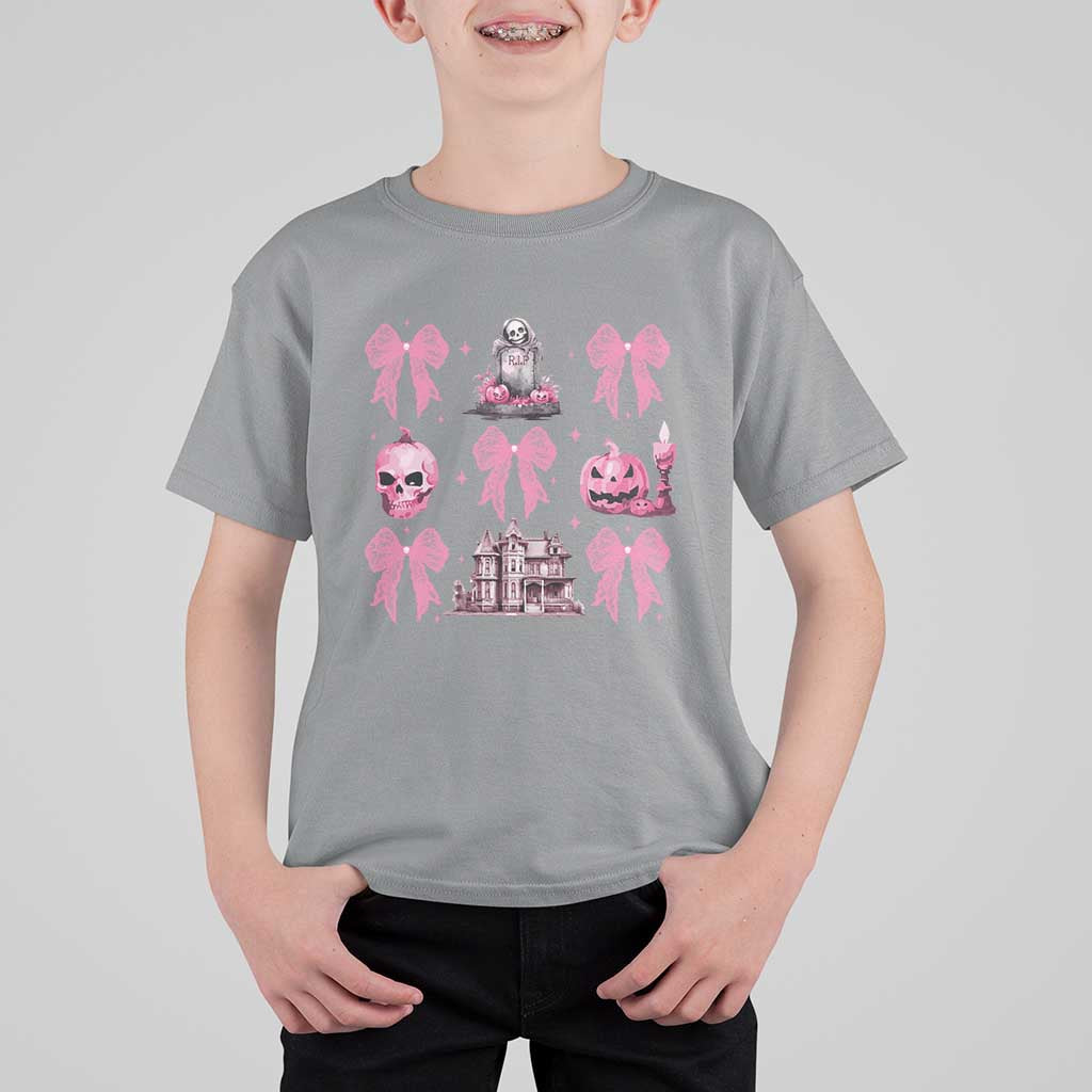 Halloween T Shirt For Kid Pink Bow Skull Haunted House Coquette Aesthetic - Wonder Print Shop