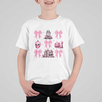 Halloween T Shirt For Kid Pink Bow Skull Haunted House Coquette Aesthetic - Wonder Print Shop