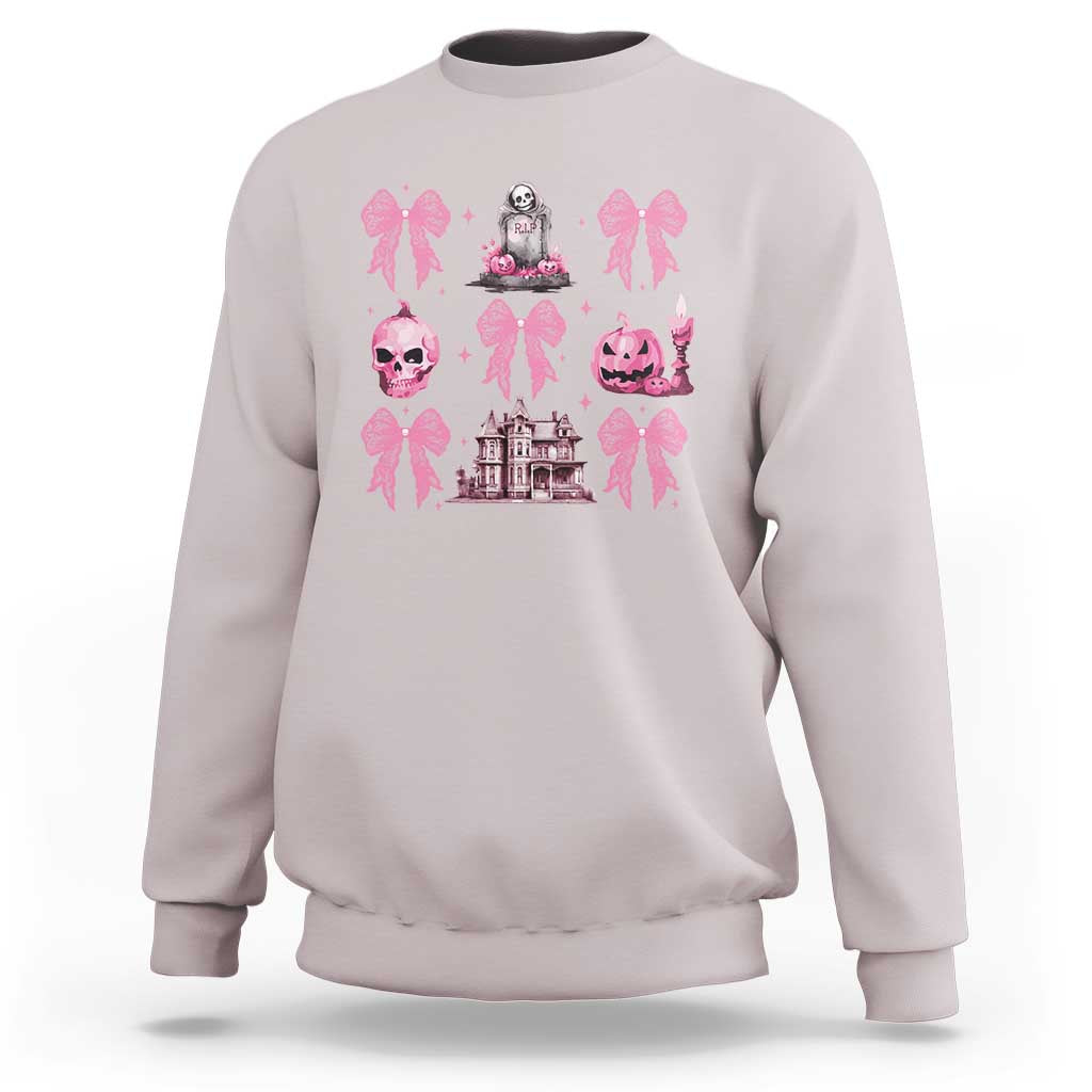 Halloween Sweatshirt Pink Bow Skull Haunted House Coquette Aesthetic - Wonder Print Shop