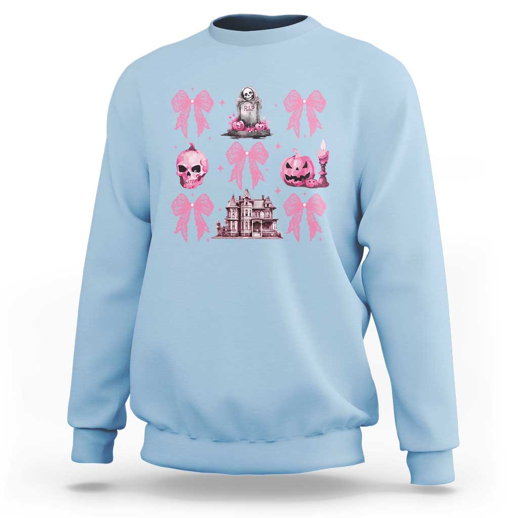 Halloween Sweatshirt Pink Bow Skull Haunted House Coquette Aesthetic - Wonder Print Shop