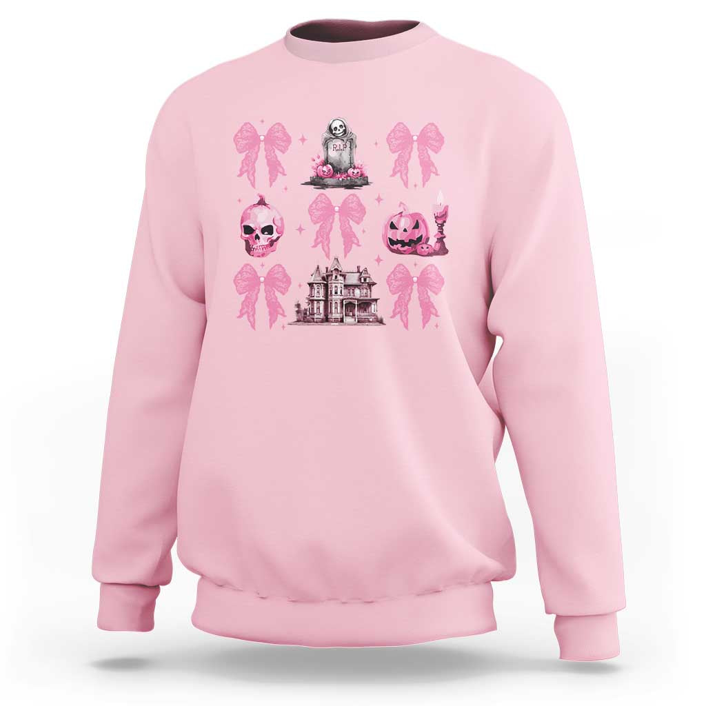 Halloween Sweatshirt Pink Bow Skull Haunted House Coquette Aesthetic - Wonder Print Shop