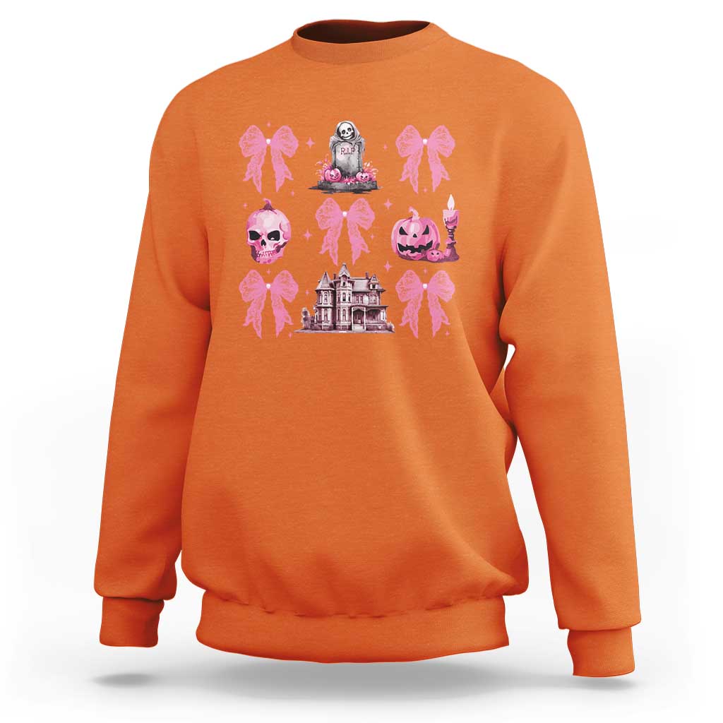 Halloween Sweatshirt Pink Bow Skull Haunted House Coquette Aesthetic - Wonder Print Shop