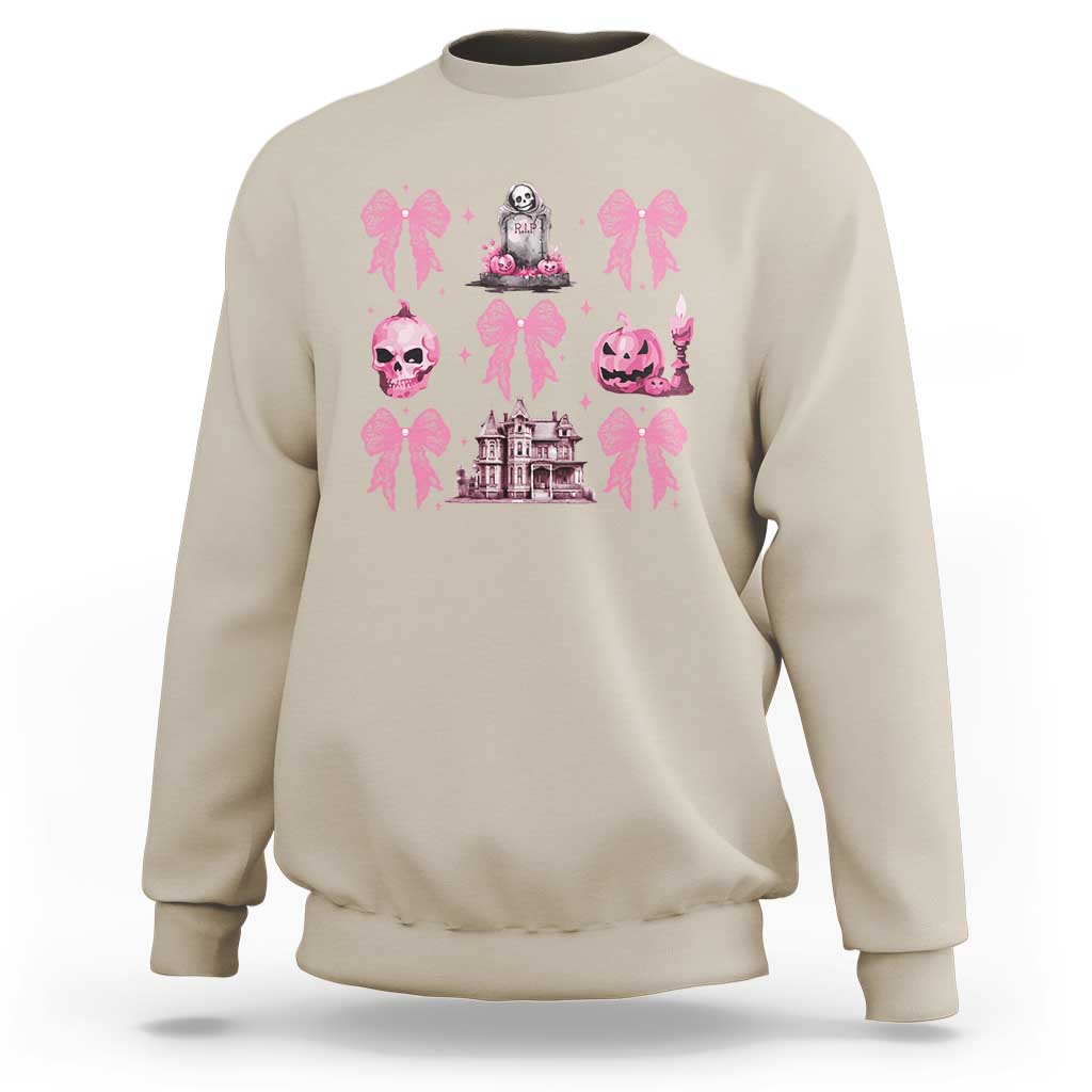Halloween Sweatshirt Pink Bow Skull Haunted House Coquette Aesthetic - Wonder Print Shop