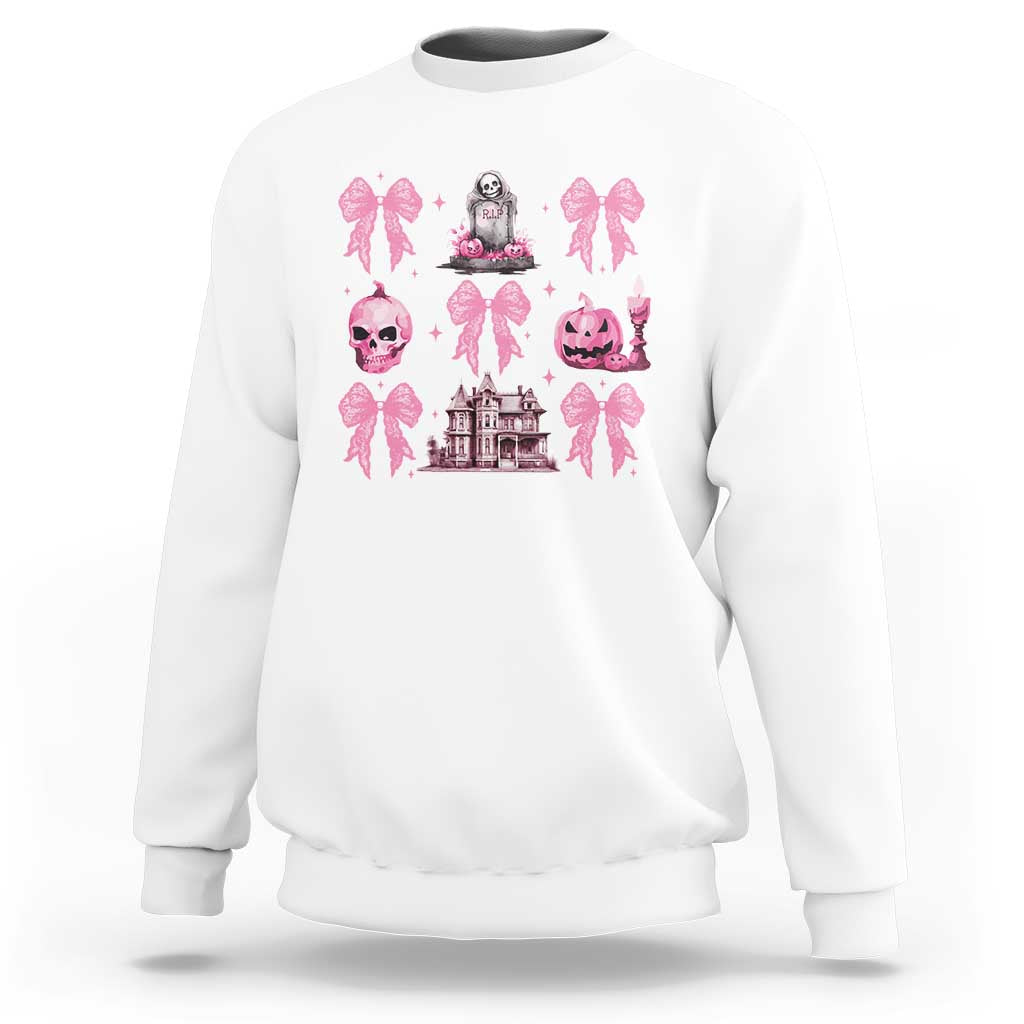 Halloween Sweatshirt Pink Bow Skull Haunted House Coquette Aesthetic - Wonder Print Shop