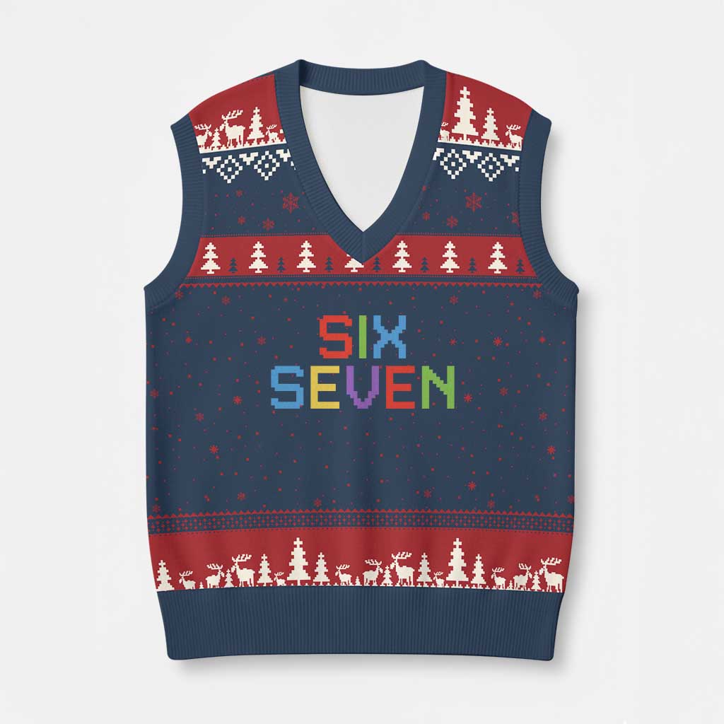 Six Seven Meme Pixel 67 Gen Alpha Meme V-Neck Knit Sweater Vest - Wonder Print Shop
