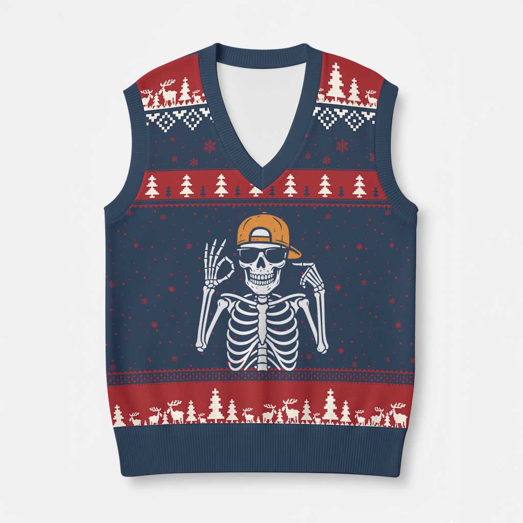 Funny Six Seven 67 Skeleton Gen Alpha Halloween Meme V-Neck Knit Sweater Vest - Wonder Print Shop