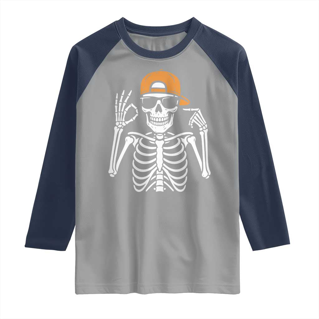 Funny Six Seven 67 Skeleton Gen Alpha Halloween Meme Raglan Shirt - Wonder Print Shop