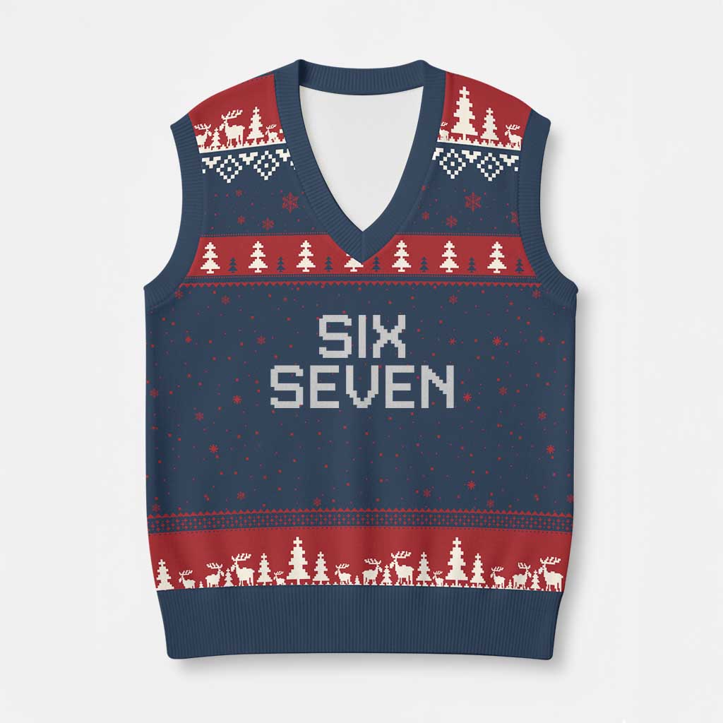 Six Seven Meme Pixel 67 Gen Alpha Internet Joke V-Neck Knit Sweater Vest - Wonder Print Shop